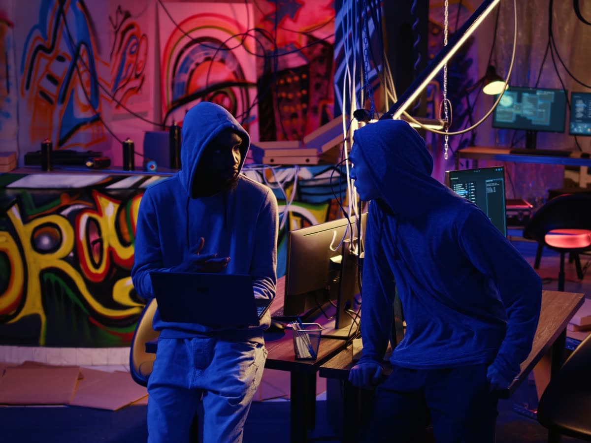 Urban creators producing music in a graffiti room